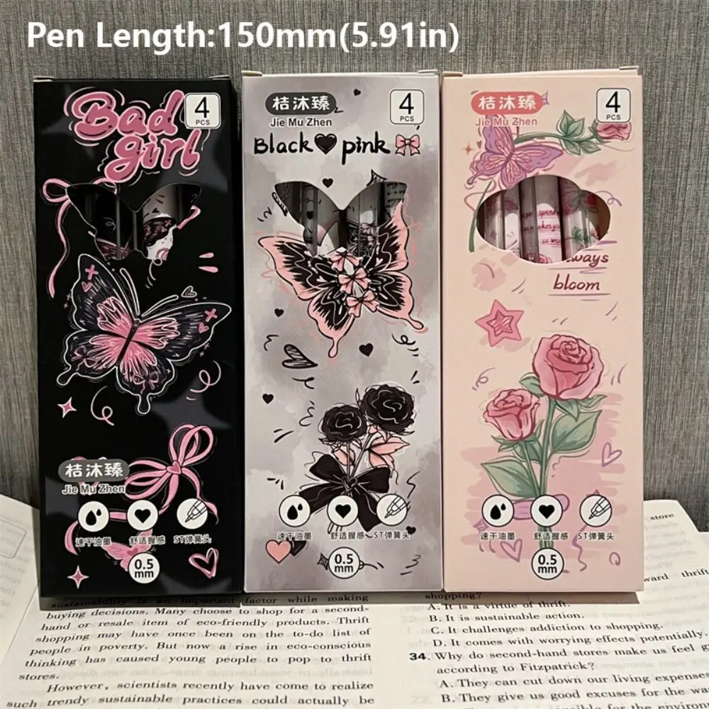 4PCS/Set Butterfly Rose Soft Grip Press Gel Pen ST Tip Quick Drying Neutral Pen Student Specific 0.5mm Black Ink Ballpoint Pen