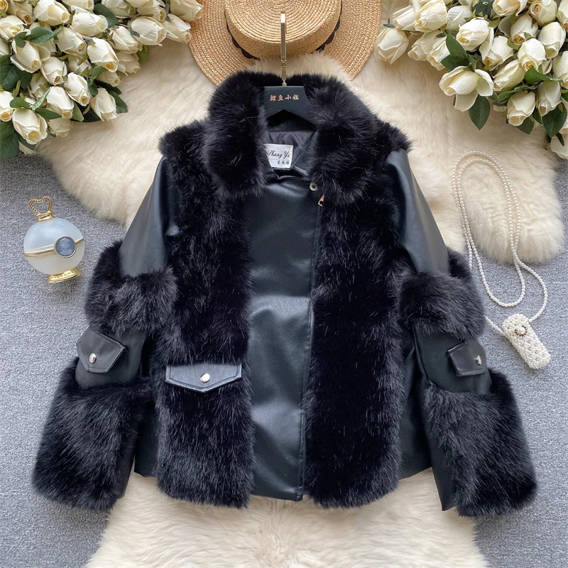 

Winter New Women Faux Fox Fur Patchwork PU Leather Jacket Apricot Black Casual Streetwear Lapel Long Sleeve Female Biker Jacket