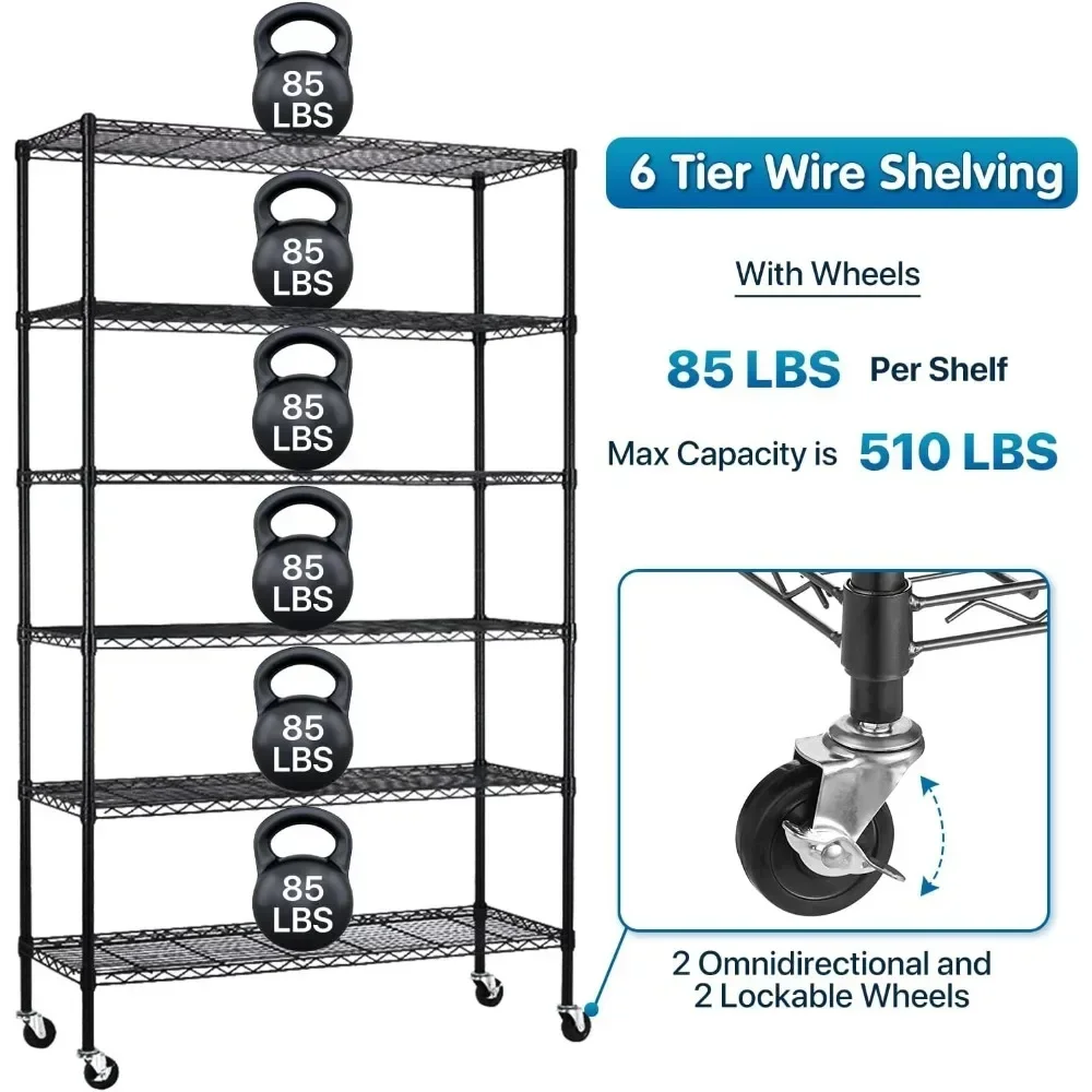 6 Tier Adjustable Wire Shelving Unit w/ Wheels,Heavy Duty Commercial Grade Storage Metal Shelving Rack for Garage Pantry Kitchen