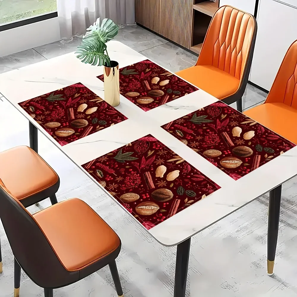 4pcs Holiday Spices Pattern Placemats 12x18 Inch Linen Table Mats with Festive Red Green, and Golden Design