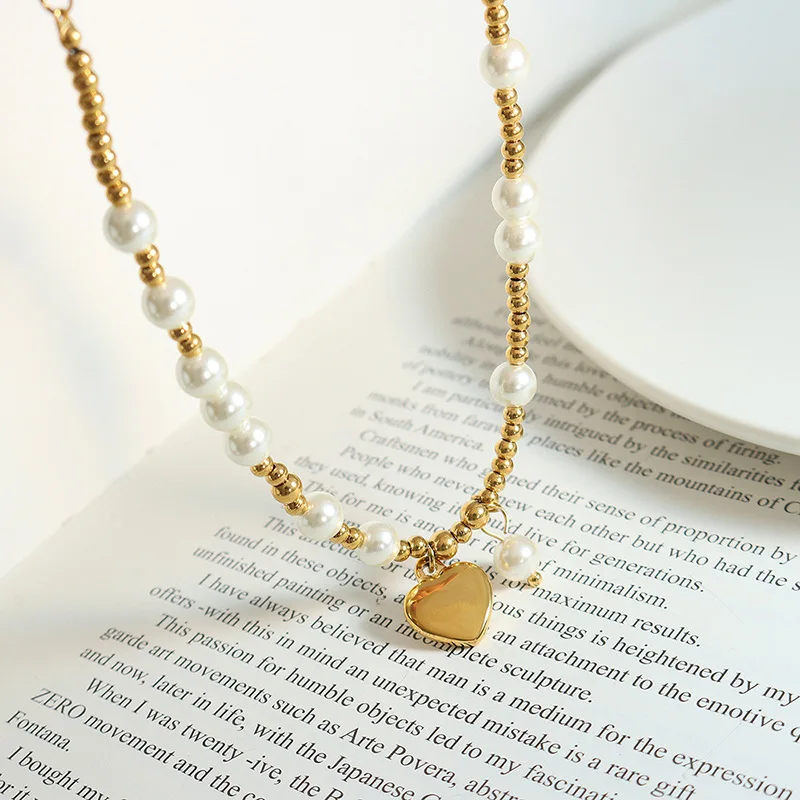 Imitation Pearl Heart Pendant Necklace 18k Gold Plated Stainless Steel Chain Adjustable Women\'s Jewelry for Party Gift