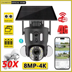 4K 50X Optical Zoom Dual Screen Security Solar Camera 8MP 4G Sim/WiFi PTZ Dual PIR Detection Humanoid Auto Tracking CCTV IP Cam