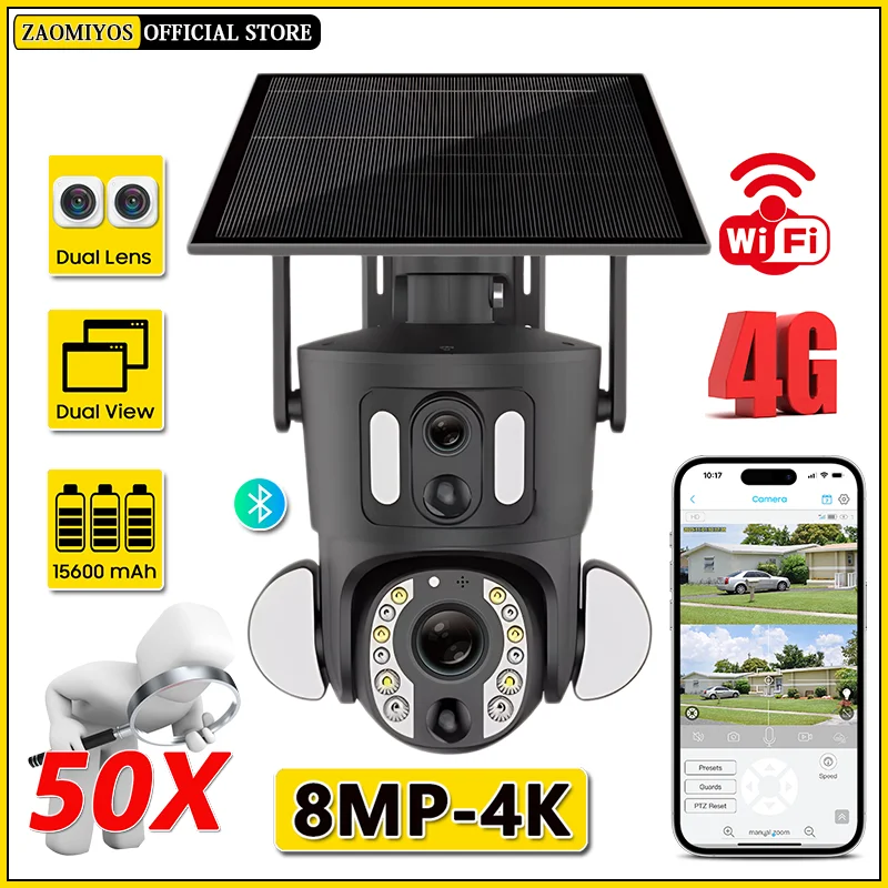 4K 50X Optical Zoom Dual Screen Security Solar Camera 8MP 4G Sim/WiFi PTZ Dual PIR Detection Humanoid Auto Tracking CCTV IP Cam