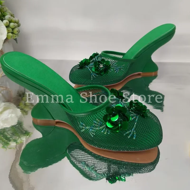 

Women's New Green Floral Mesh Mules Slippers Summer Closed Toe Comfortable Sandals High Heel Ladies Casual Trendy Footwear