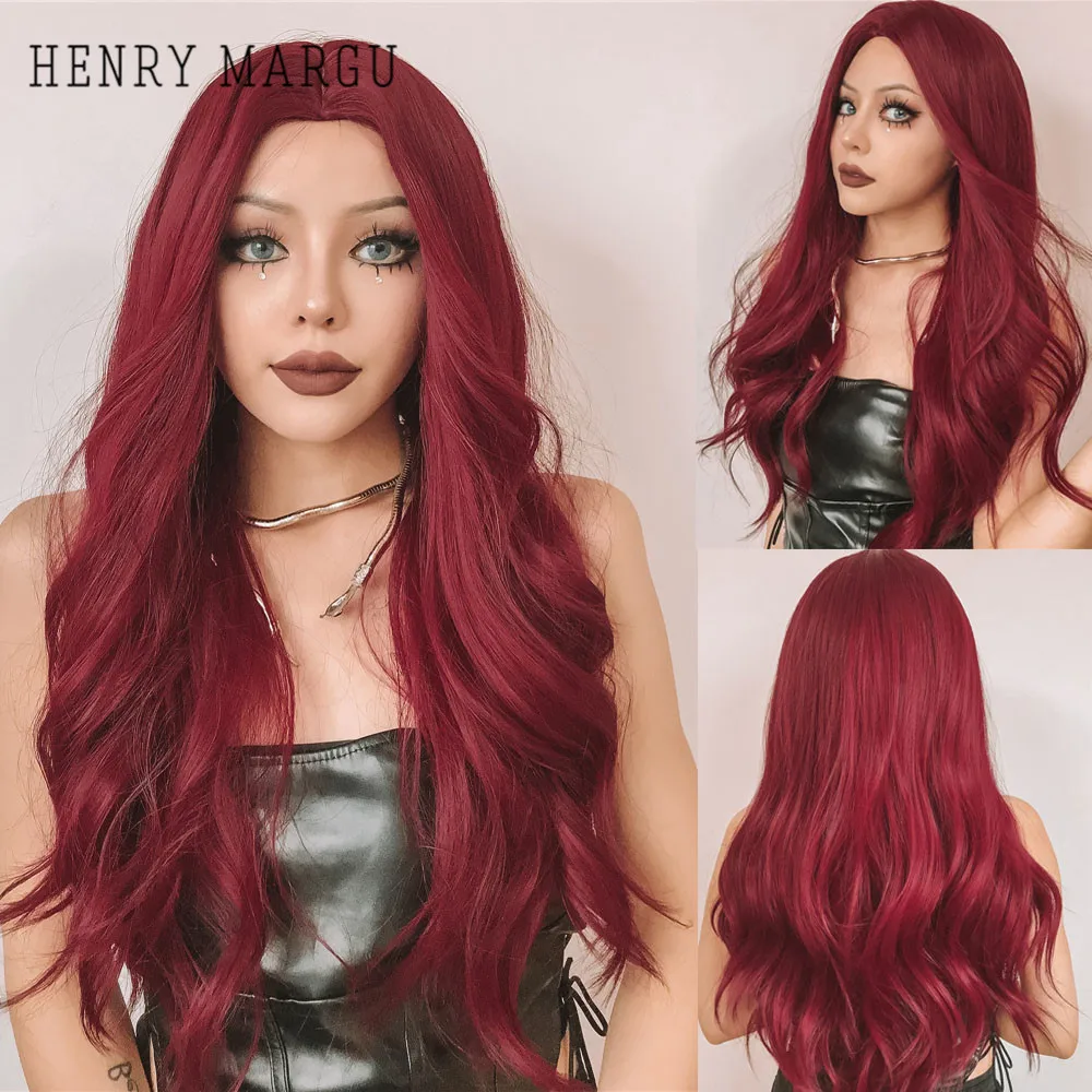 HENRY MARGU Red Long Wavy Wig for Women Cosplay Wig with Bangs Red Natural Wavy Synthetic Heat Resistant Wig for Daily Party Use