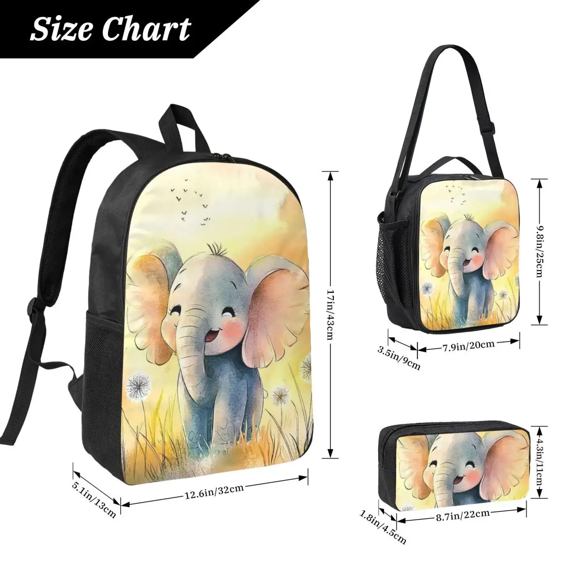 Adorable Elephant Baby Sketchy Watercolor Backpack Kids BookBag School Bag Computer Shoulder Bags 3ps Lunch Bag Pencil Case