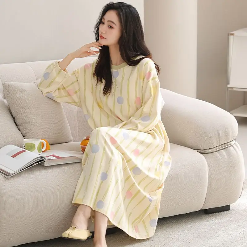 

Осень 2024, ночные рубашки из 100% хлопка с длинными рукавами и принтом для женщин, корейская свободная одежда для сна, ночное платье, ночная рубашка, женская домашняя ночная рубашка