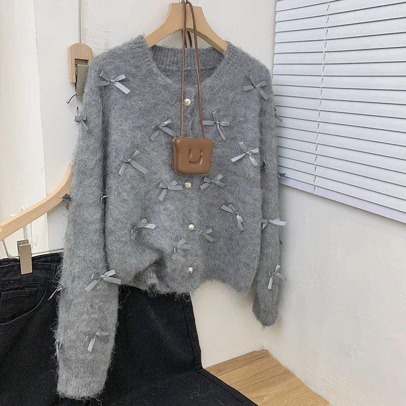 Y2K Bow Sweet Women Sweater Cardigan Korean Mohair Knitted Female Casual Tops Autumn Fashion New All Match Ladies Sweater