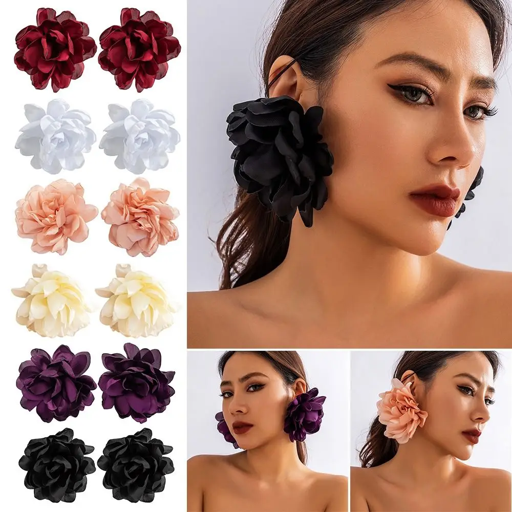 Pendientes de flores grandes para mujer y niña, aretes exagerados, diseño de lujo, tela de boda