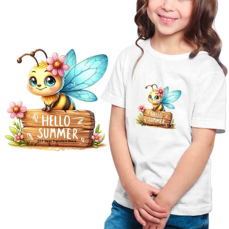 Summer watercolor bee patterns Iron On Transfer Vinyl Heat Transfer Thermal Stickers On Children\'s clothing Kids Appliques