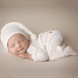 Ylsteed Neworn Footed Jumpsuit for Photo Shooting Infant Photography Outfits Newborn Buttons Pocket Romper with Pom Sleepy Hat