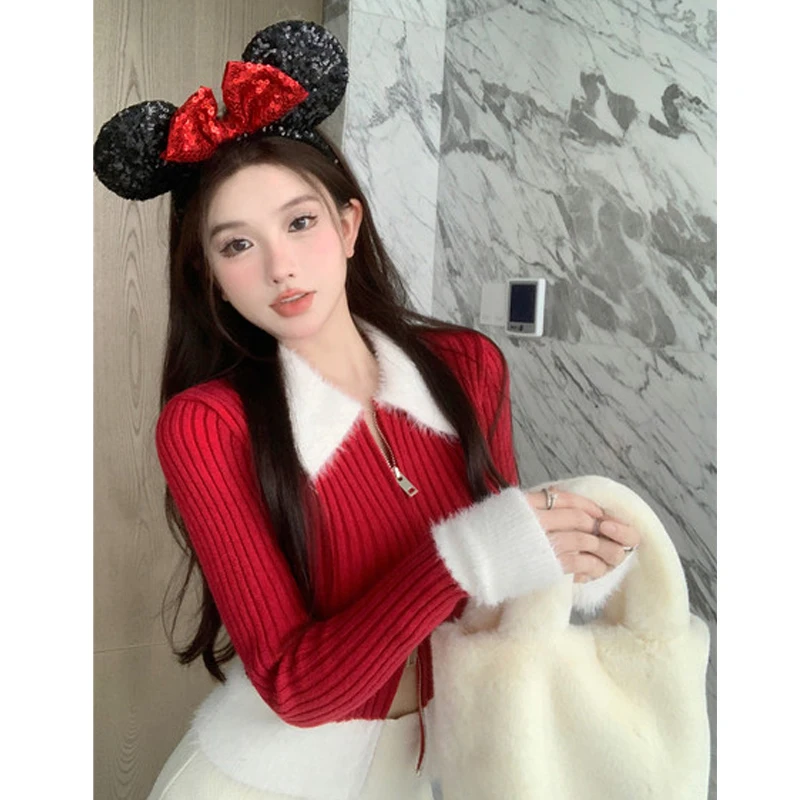 

Красный вязаный кардиган с воротником из искусственного меха, женский весенне-осенний Thi ort Sle Base irt, корейский, облегающий, длинный све