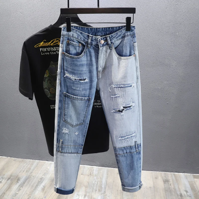 

2024 New Autumn Men's Jeans Korean Style Trendy Patchwork Color Block Ripped Patches Slim Fit Skinny Long Pants