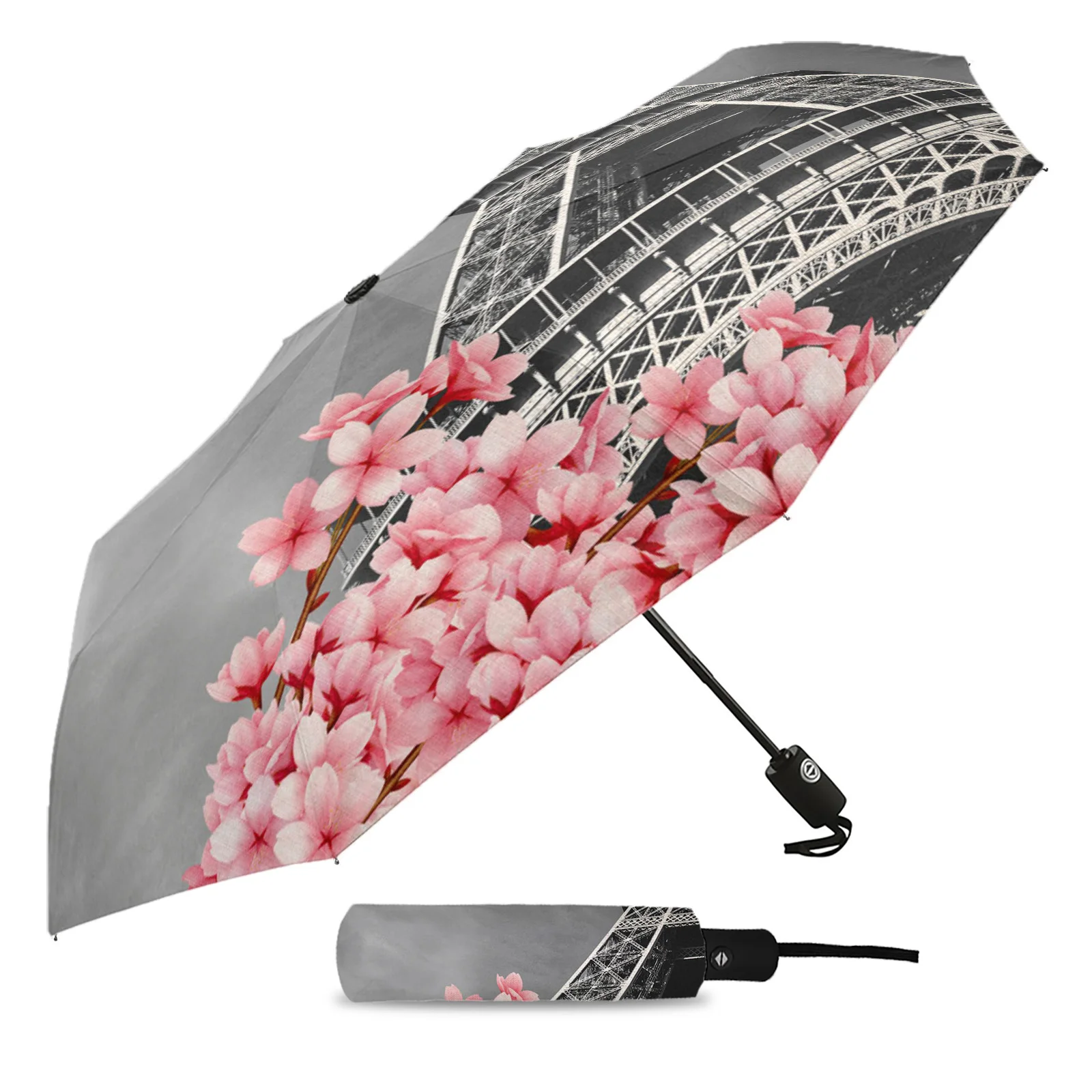 Cherry Blossom Paris Tower Print Women Men Rain Umbrella Three Folding Girl Durable Portable Automatic Umbrellas Gift Parasol