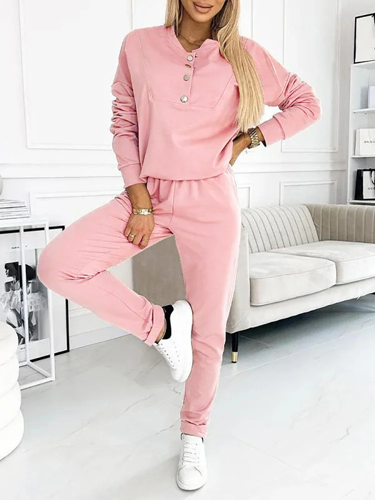 Women Buttons Elegant Two Piece Set Casual O Neck Female Matching Set Sweatshirt Loose Tops Elastic Waist Pocket Pants Outfits