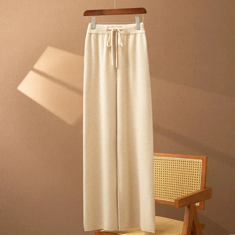 

Women wool Wide Leg Pants Casual Loose Pants For Spring Autumn Winter 100% Merino Wool Knitwear Trousers Elastic Waist