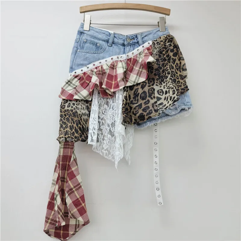 DEAT Women's Denim Pants Patchwork Irregular Plaid Lace Leopard Printed High Waist Shorts Skirts Spring 2025 New Fashion 29L9593