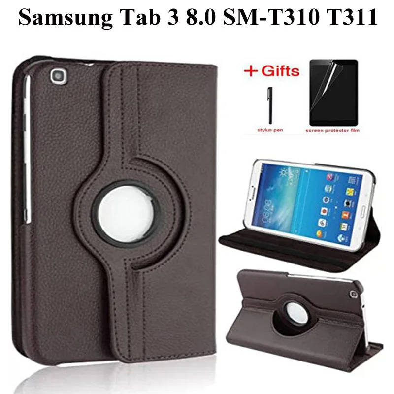 

360 Degree Rotating PU Leather Flip Cover Case For Samsung Galaxy Tab 3 8.0 T310 Cover for Tab3 8.0 SM-T310/T311 Case+Film+Pen