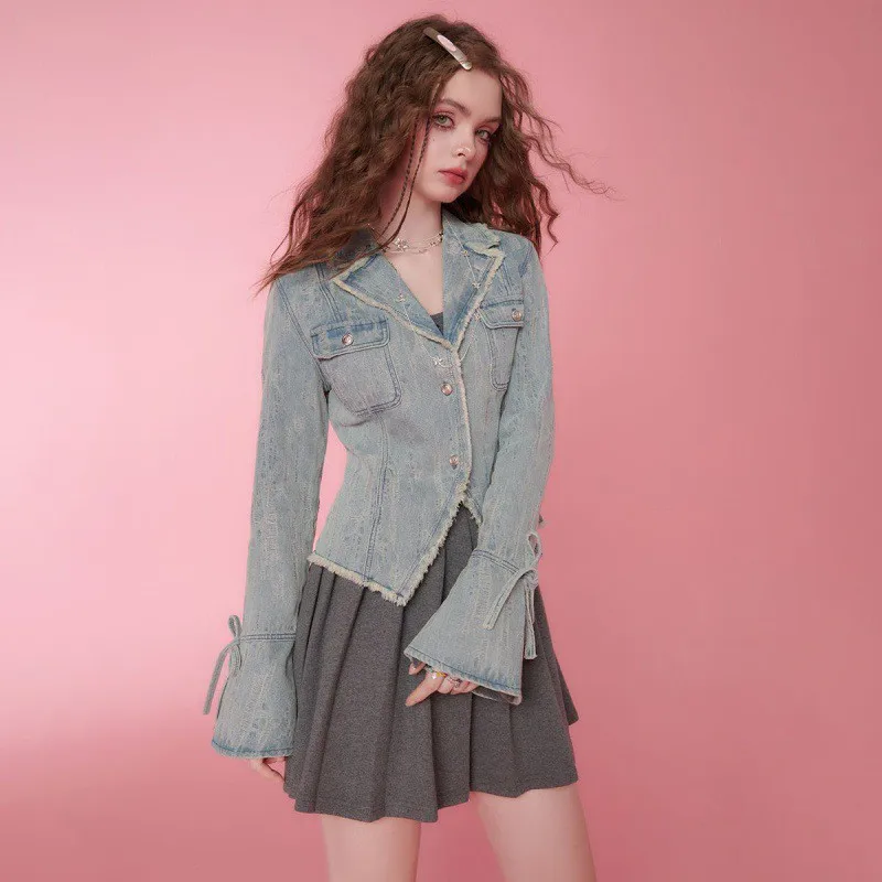 

Пальто Джинсовое Синее Зимнее Женское Весеннее Твидовое Плиссированное Пояса Шикарный Дофамин Фестиваль Многослойное Кружево Французский Стиль Ниша Одинаковые ПР