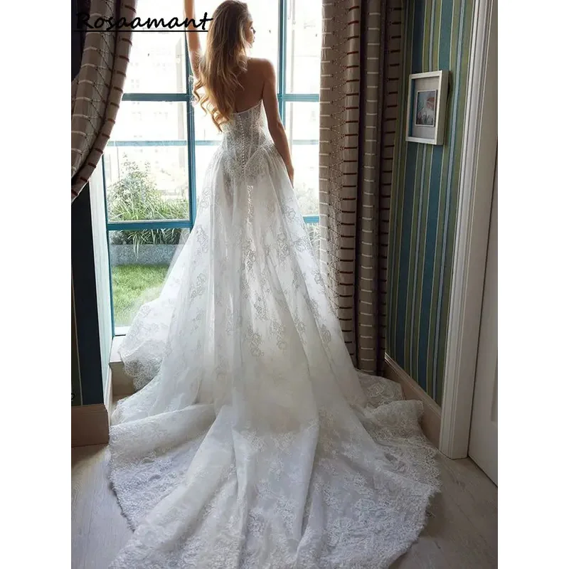 Gaun pernikahan A-line kekasih elegan dengan jaket renda applique boho country kustom Pancuran pengantin