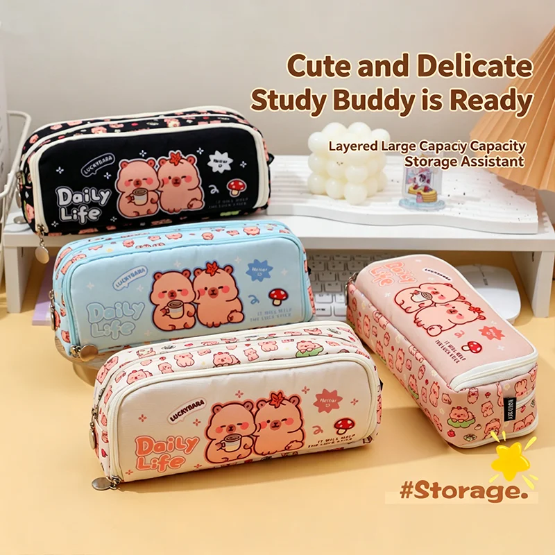 Cute Cartoon Capybara Pencil Case, Double-layer Zipper Large Capacity Stationery Storage, Cute Animal Pattern Stationery Bag
