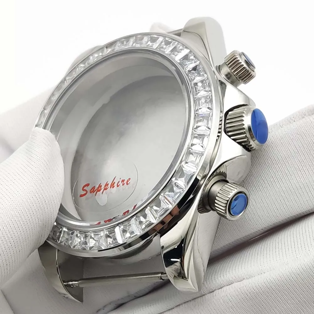 40 مللي متر الياقوت الزجاج حاوية من الفولاذ المقاوم للصدأ مع الماس الحافة ساعة رجالي اكسسوارات لحركة الكوارتز VK63 VK64