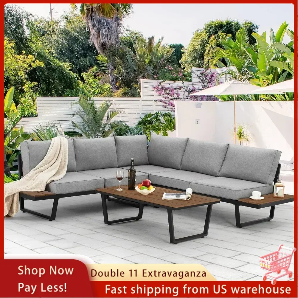 4 Pieces Outdoor Sectional Sofa Set with Coffee Table, 91''×91''Extra Large L-Shaped Metal Conversation Set with Weather Cushion