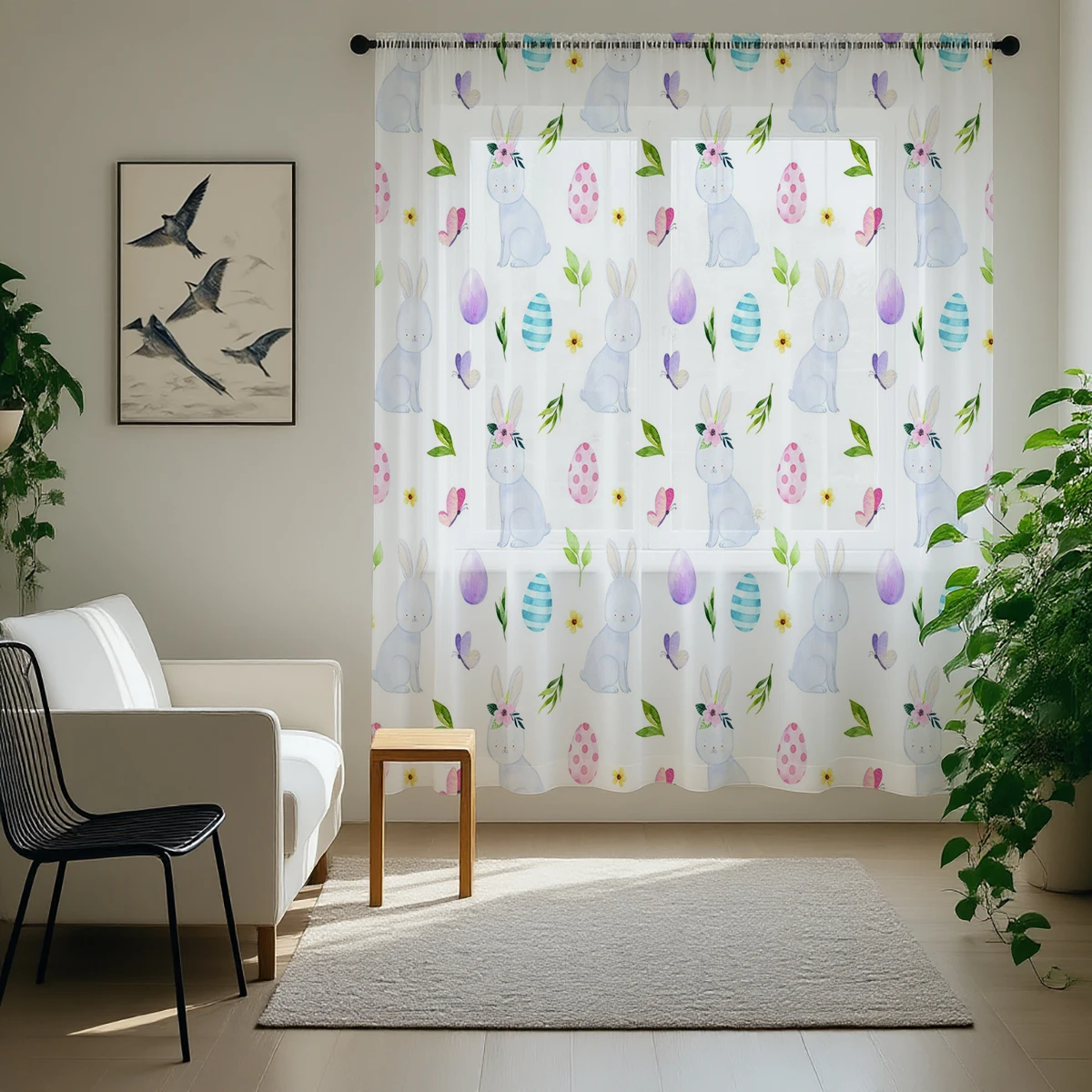 1PC Easter Egg Rabbit Background Semi-Transparent Filter Window Curtain Darkening Room Pole Curtain for Children's Room And Bedr