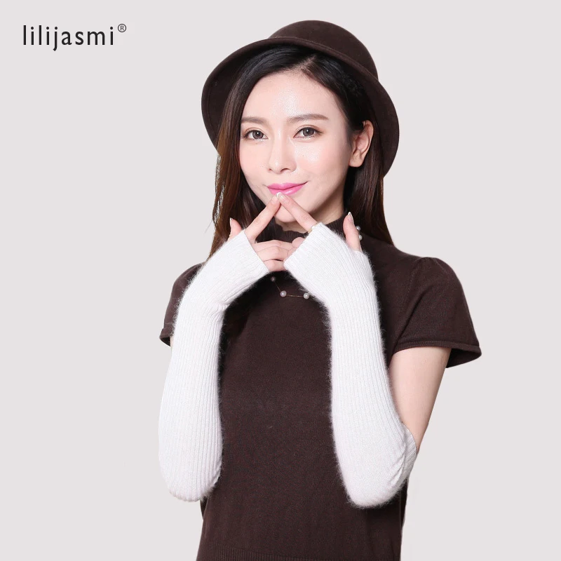 Women Winter Long Mittens Mink Cashmere Fingerless Gloves 40cm 50cm 60cm Thumb Hole Warm Sleeves Raccoon Exposed Finger Female