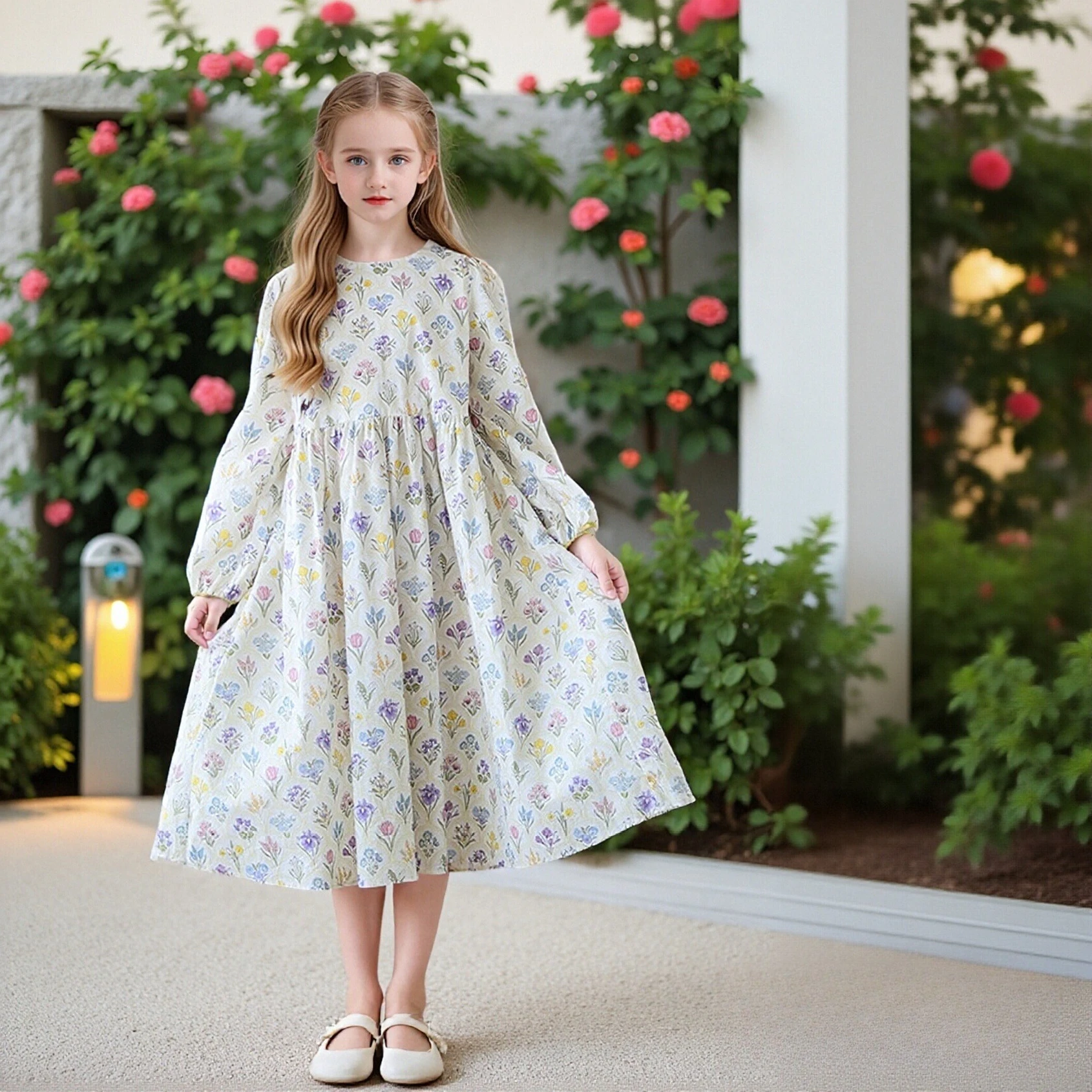 Teenage Girls Cottagecore Floral Dress Long Sleeve Tie Cuff A-Line Dress Back Bow for Big Kids Daily Vacation Outfit Casual Wear
