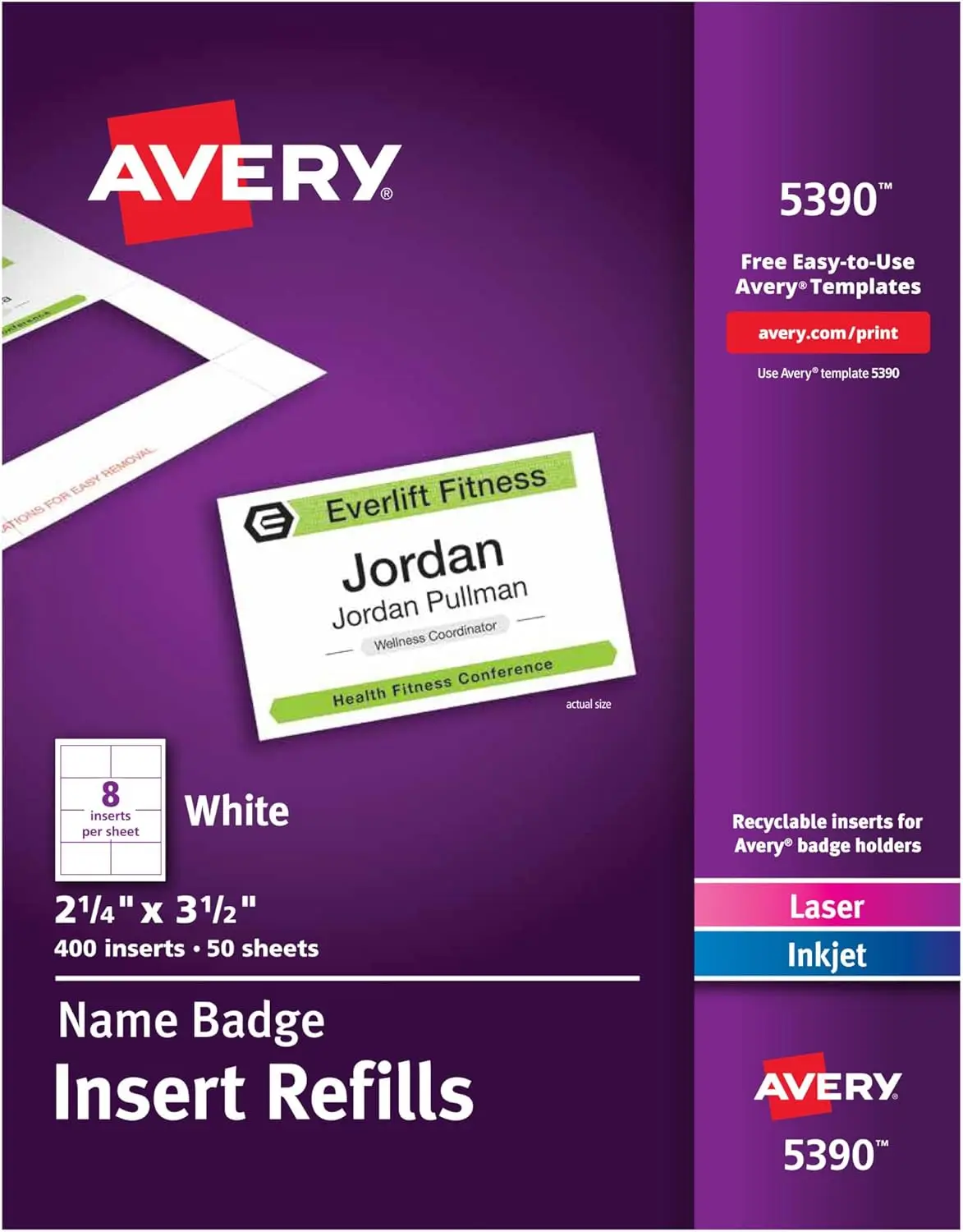 

Customizable Name Badge Inserts, 2.25' x 3.5', White, 400 Printable Name Tag Inserts (5390)