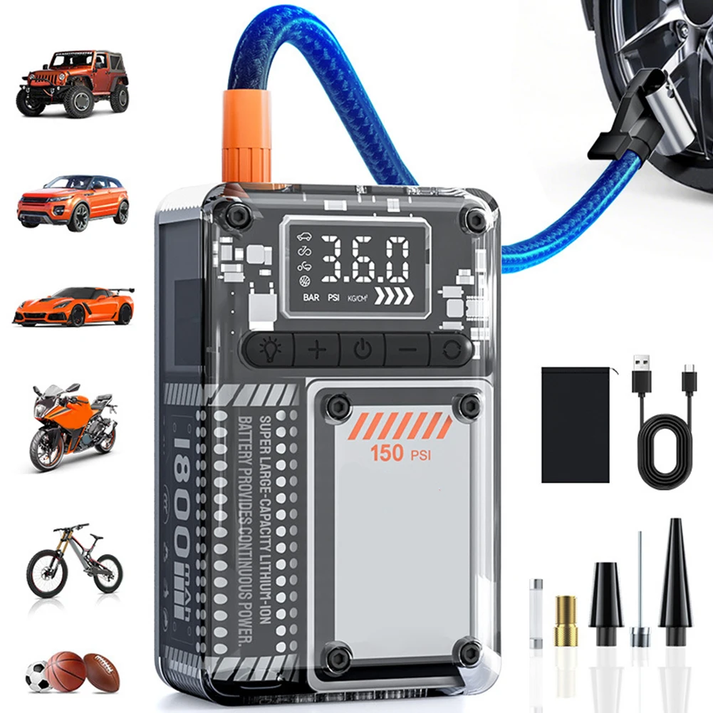 

Накачитель шин 150 фунтов на квадратный дюйм с воздушным компрессором, 60 Вт, 7,4 В, порт TYPE-C, подходит для большинства автомобилей с цифровым дисплеем