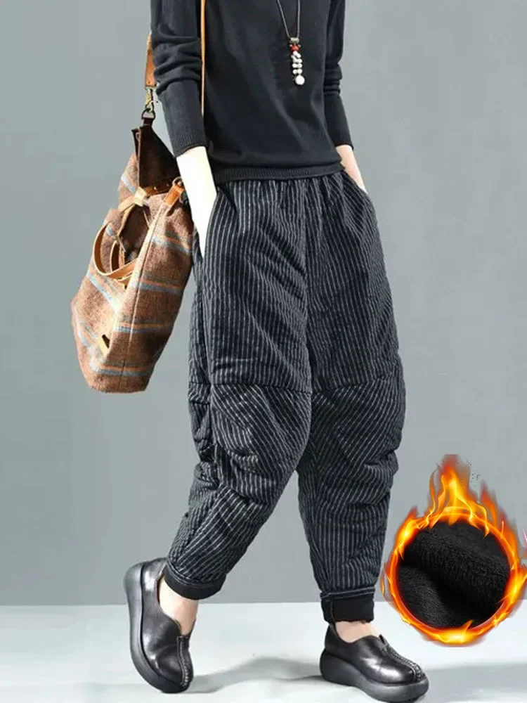 

Winter Striped Quilted Cotton Pant Womens Warm High Waist Harem Pantalones Casual Thicken Baggy Bloomers Sweatpants Vintage L364