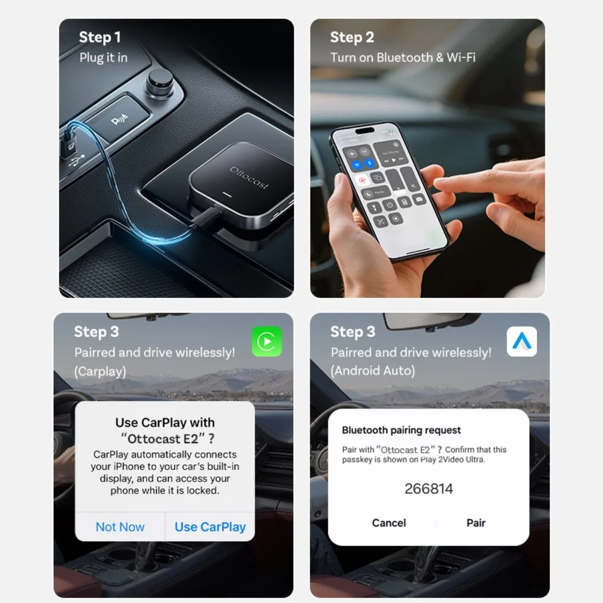 Ottocast  E2 AI Box Wireless CarPlay Android Auto Adapter Android 13 Plug & Play Cloud SIM 3.0 Smart for Car Multimedia Display