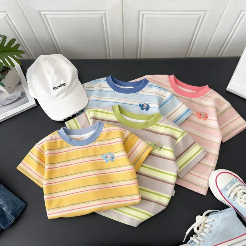 Sommerliches gestreiftes bedrucktes Kurzarm-T-Shirt für Mädchen – Modisches, neuartiges Farbblock-Freizeitoberteil für Kinder – Kleidung für Jungen und Mädchen