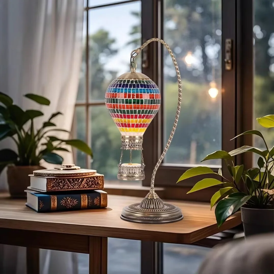 Lampada da tavolo per fusione della cera con mongolfiera a mosaico Lamparas De Mesa artigianali Lampada da letto in vetro Lamparas Con Mosaicos Luci notturne