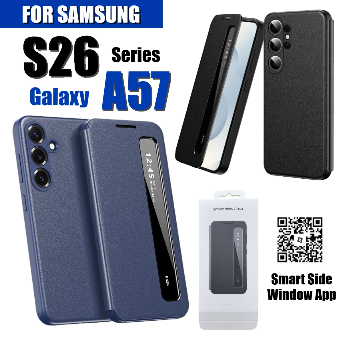 

Умный кожаный чехол премиум-класса с боковым окном для Samsung Galaxy S26 Ultra A57/37/17 A56/36/16 A55, оригинальный с защитной крышкой коробки