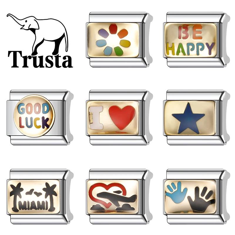 Trusta 2025 модный браслет Golden Rose Happy Lucky Charm итальянские звенья 9 мм из нержавеющей стали для женщин DIY ювелирные изделия N351 Trusta 2025 модный браслет Golden Rose Happy Lucky Charm итальянские звенья 9 мм из нержавеющей стали для женщин DIY ювелирные изделия N351