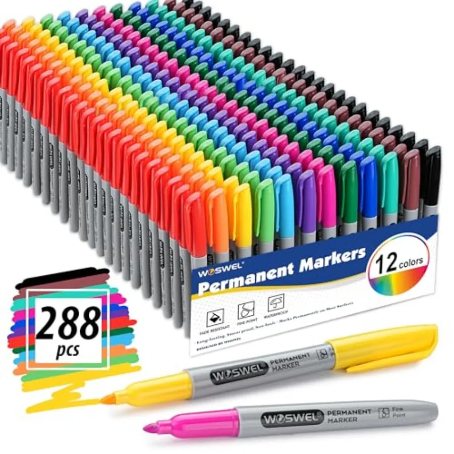 

Набор перманентных маркеров, 288 штук, 12 различных цветов, тонкий наконечник, быстросохнущие, водостойкие, подходят для пластика и стекла.