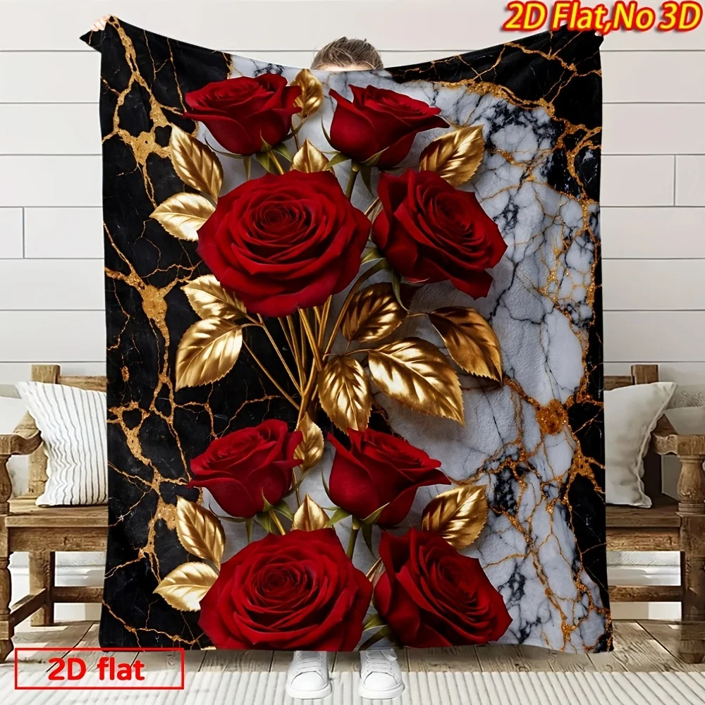 2D Flat Printed 1pc Flannel 2D Flat Printing Spring And Summer New Arrival Red Rose Golden Leaf Marble Texture Fleece Blanket, A