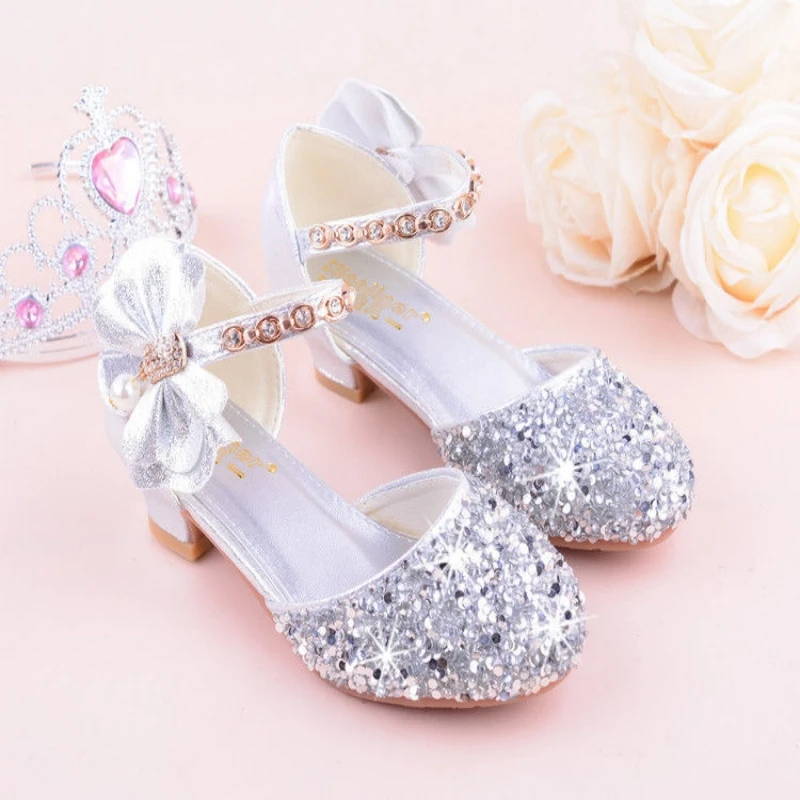 Girls High Heeled Leather Shoes Girls Performance Crystal Single Shoes Children\'s Sequin Silver Sandals Kids Rhinestone Sandals