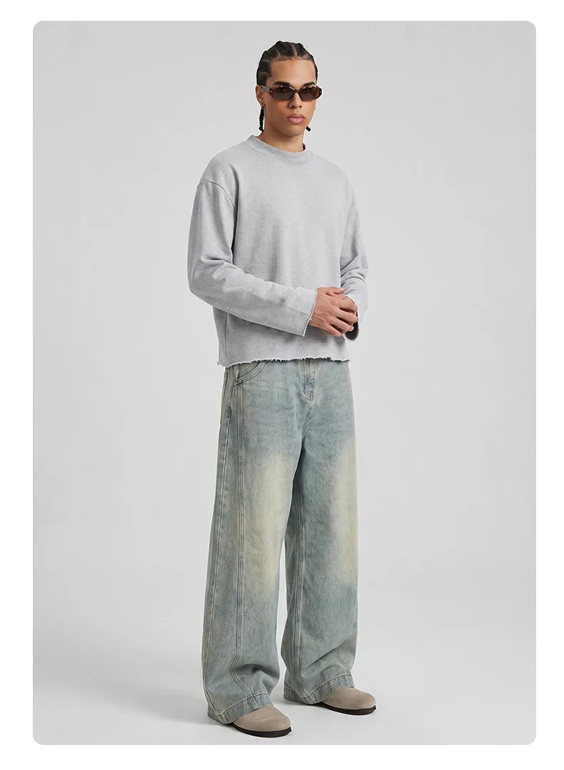 Personalized LOGO custom 350G cotton men's BOXY short and wide half-high neck long-sleeved hem burr sweater