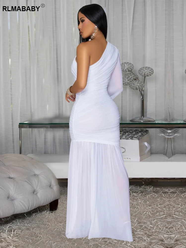 RLMABABY Sexy Inclined Neck One Shoulder Sleeve Sheer Mesh Bodycon Long Dress Women Gown Backless Drapped Folds Party Maxi Dress