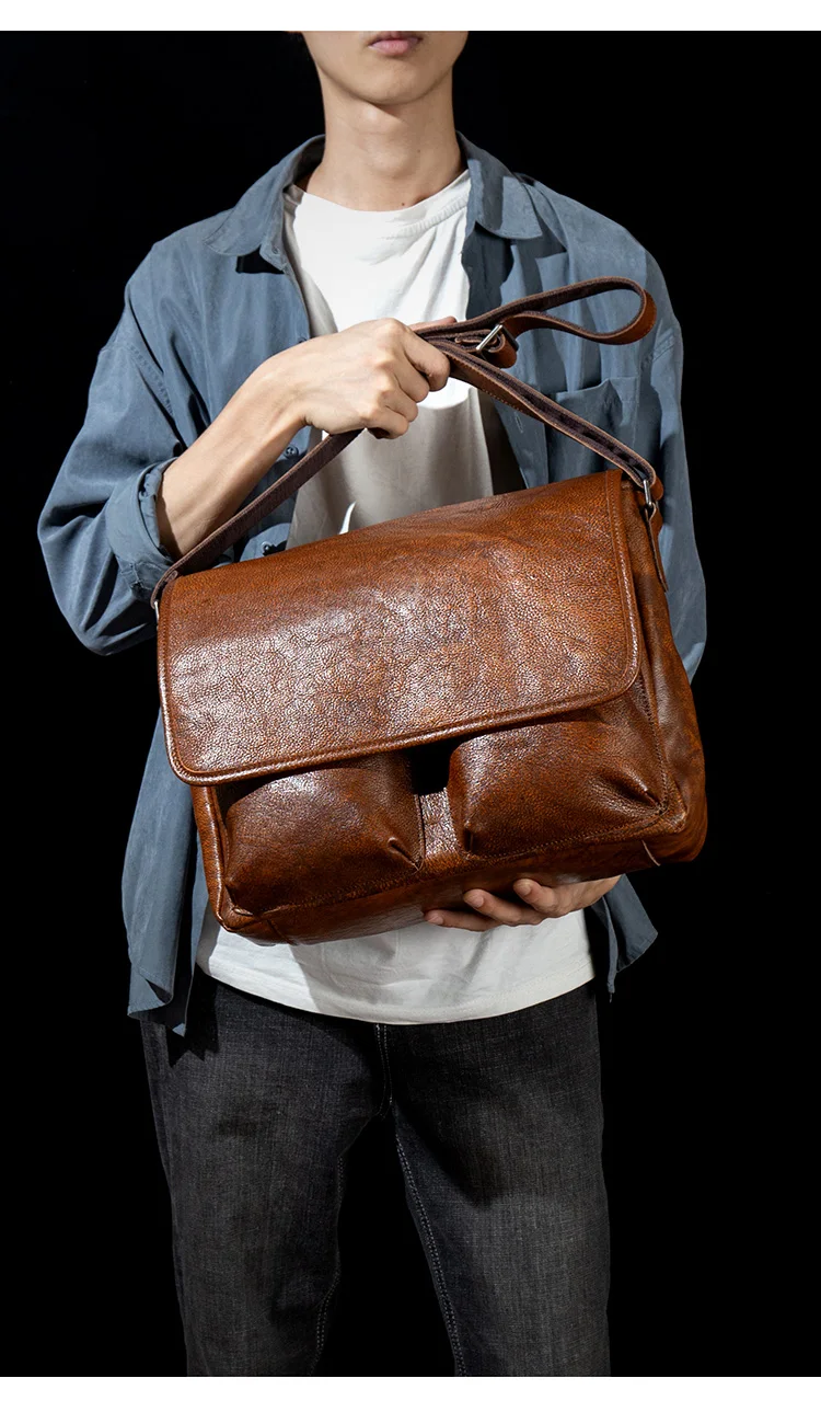 Men Distressed Soft Cognac Genuine Leather Handmade Messenger Bags Male Shoulder Crossbody Square Bags Handbag Sac homme