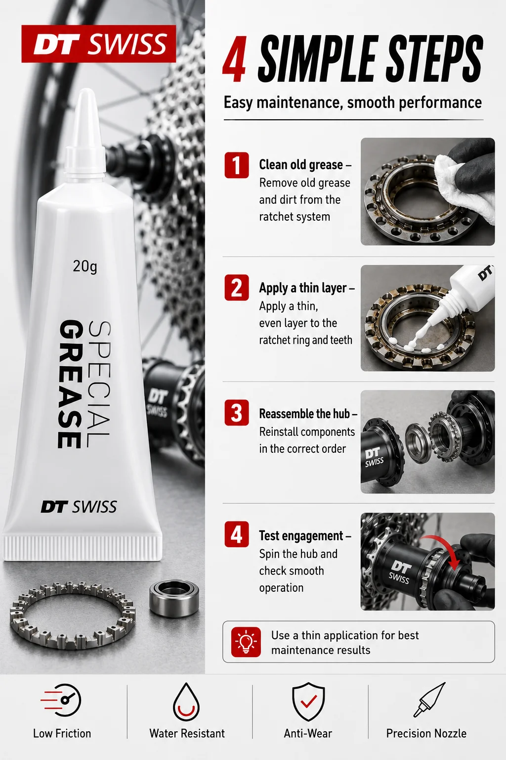 Original DT Swiss Spezialfett 20g Star Ratchet Hinterradnabe Freilauf-Schmiermittel für Ratchet EXP LN MTB Rennrad – Detail 7