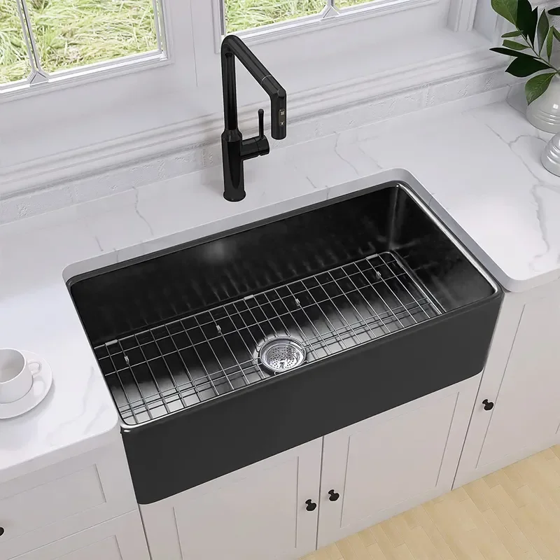 Large Black Ceramic Kitchen Sink Nordic Style Farmhouse Basin for Open Cabinet Modern American Home Wash Bowl Deep Single