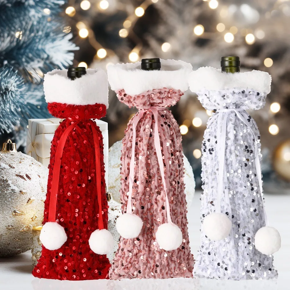 Cute Xmas Wine Bottle Cover Non-woven Plush Ball Christmas Wine Bottle Bags Dust-proof Sparkling Santa Claus Wine Bags