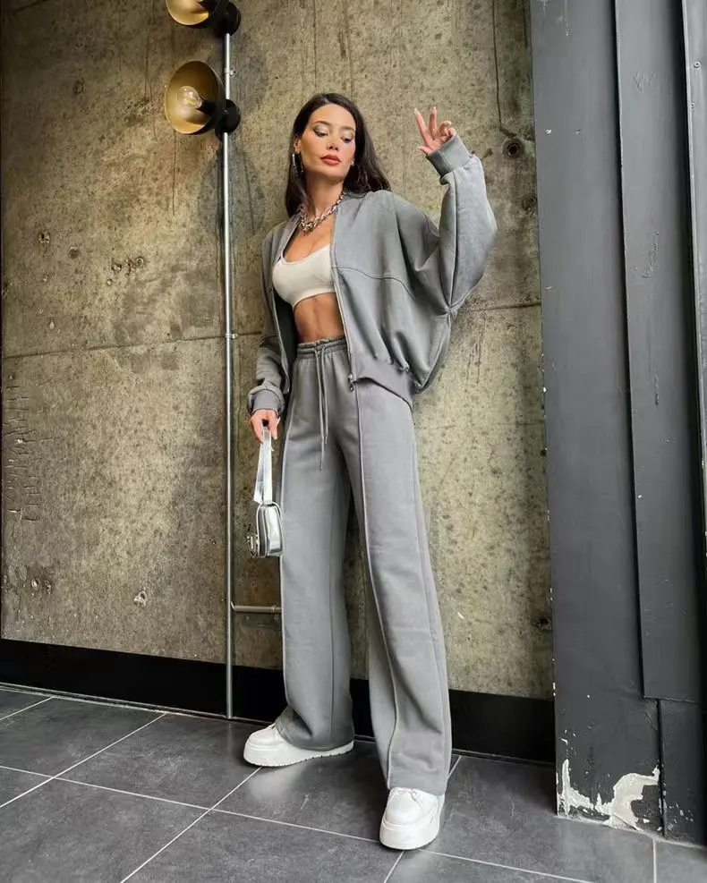 2025 outono inverno casual sólido calça define elegante feminino duas peças camisolas manga cheia com zíper casacos calças compridas bolsos terno