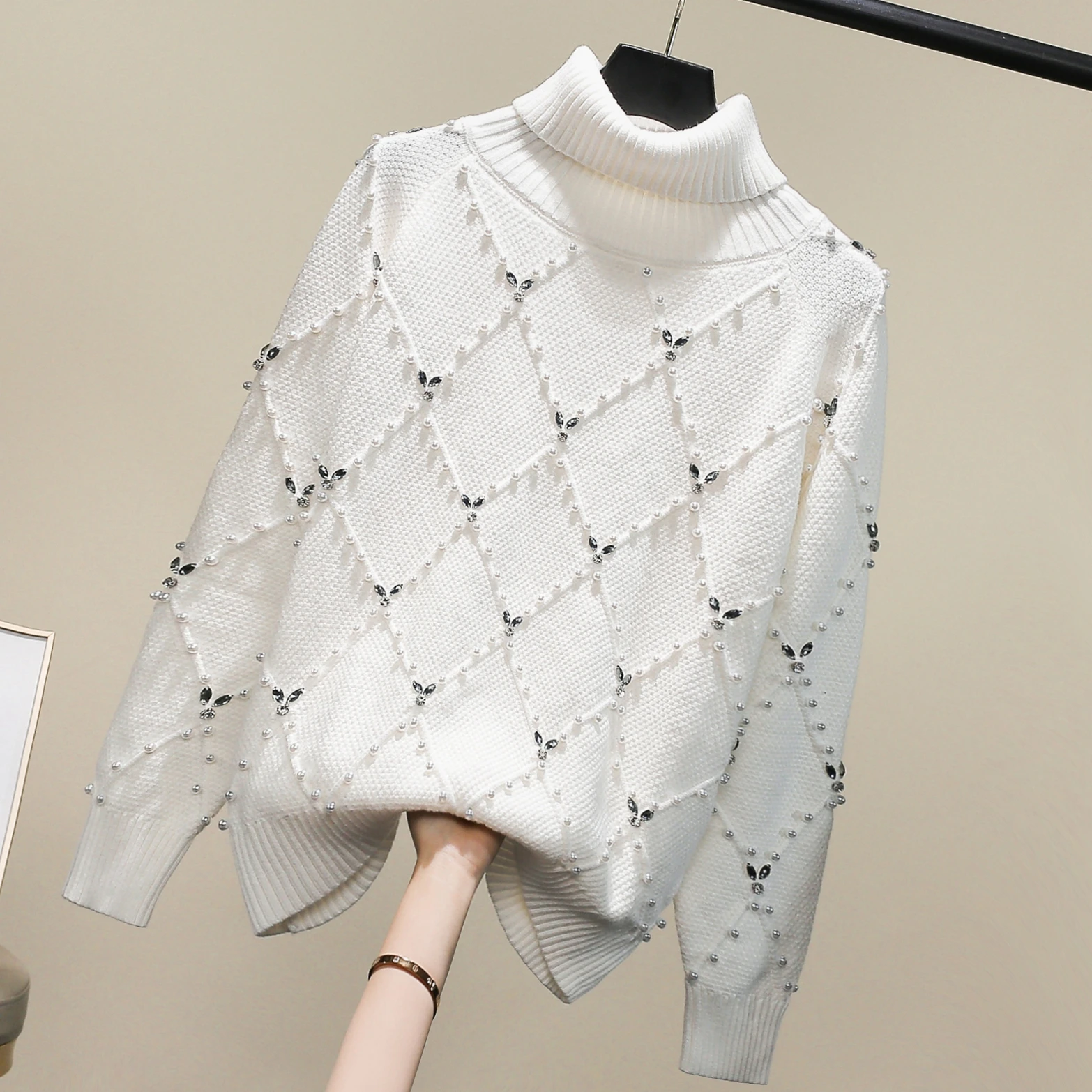 

Faionable High Collar Sweater Women's Overhead Long Sve Diamond Embellied Knitted irt Street Sle Warmth Heat Winte...