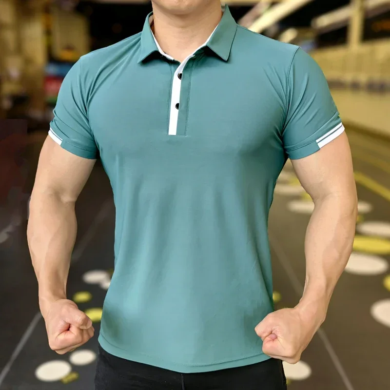 Athleisure da uomo Ice Silk Top Tee felpe Fitness Training collant Golf Short risvolto Activewear Sleeve Gym Muscle Fit Shirt